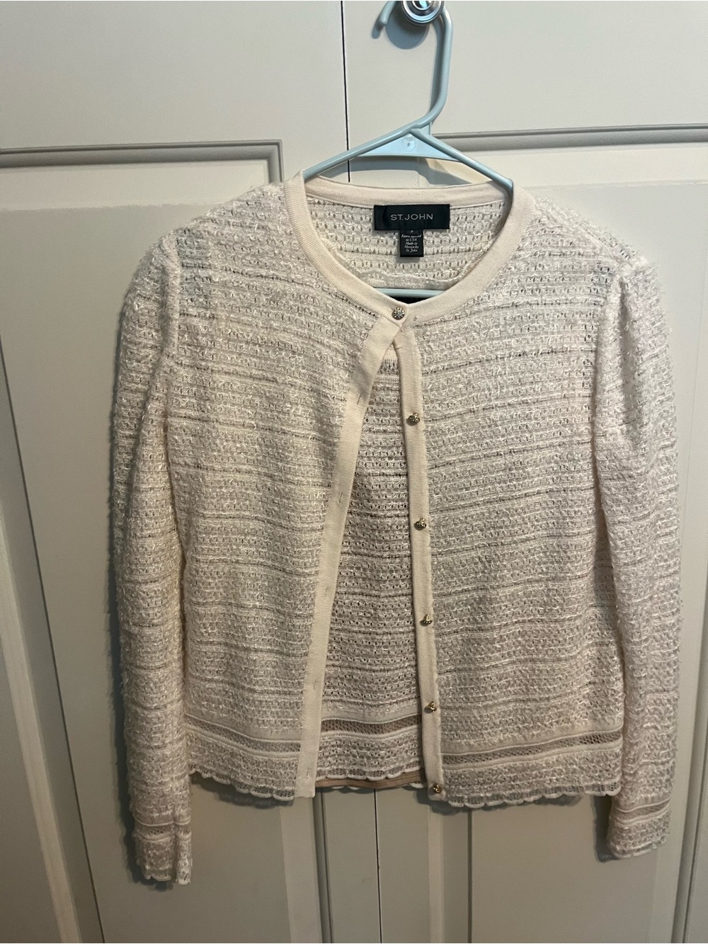 St. John Cream Three Piece Bouclé Knit Button Cardigan with Rhinestone Accent